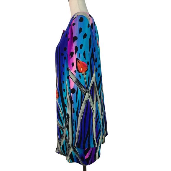 Yolanda Lorente Vintage Blue Pink Teal BOHO Hand Painted Silk Shirt Jacket XL - Picture 2 of 5